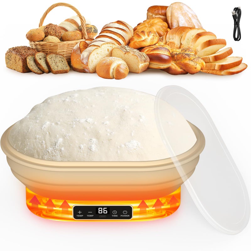 Pawtners Heating Sourdough Bread Proofing Basket 2L Electric Thermostatic Silicone Oval Banneton Proofing Bowl with 6 Timer Temp Settings for Dough Rising Dishwasher Safe Foldable Sourdough Starter Bowl - Image 2