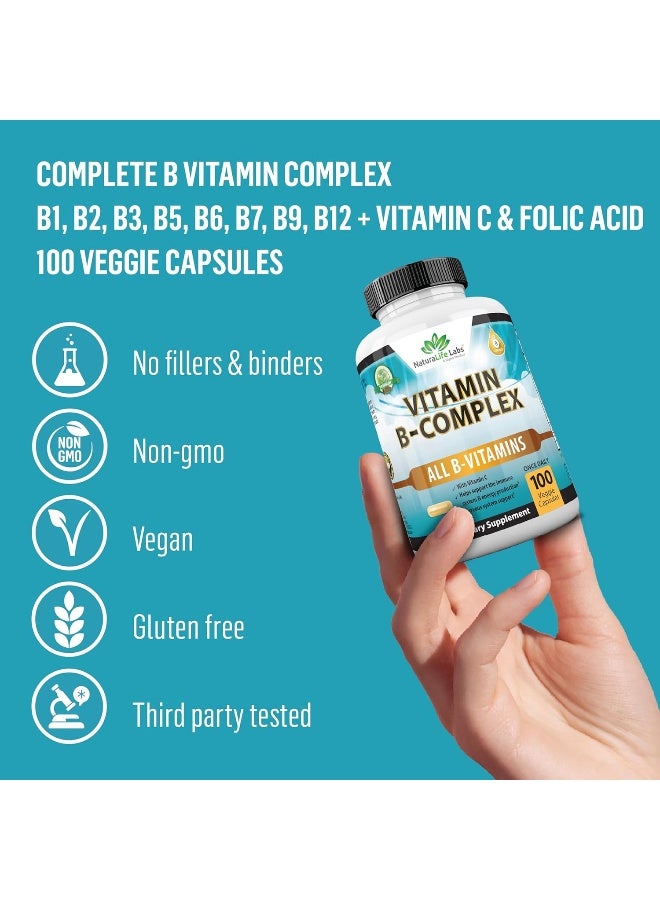 NaturaLife Labs Vitamin B Complex with Vitamin C and Folic Acid - B12, B1, B2, B3, Vitamin B5 Pantothenic Acid, B6, B7, B9 - Nervous System Support & Supports Energy Metabolism Non-GMO- 100 Veggie Capsules - Image 4