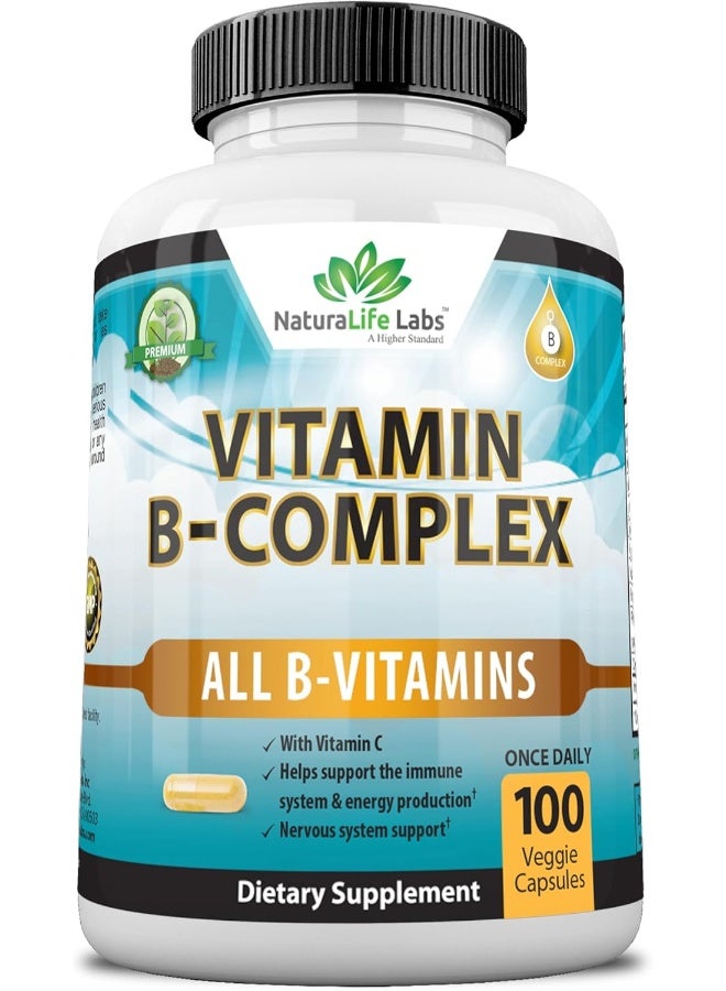 NaturaLife Labs Vitamin B Complex with Vitamin C and Folic Acid - B12, B1, B2, B3, Vitamin B5 Pantothenic Acid, B6, B7, B9 - Nervous System Support & Supports Energy Metabolism Non-GMO- 100 Veggie Capsules - Image 1