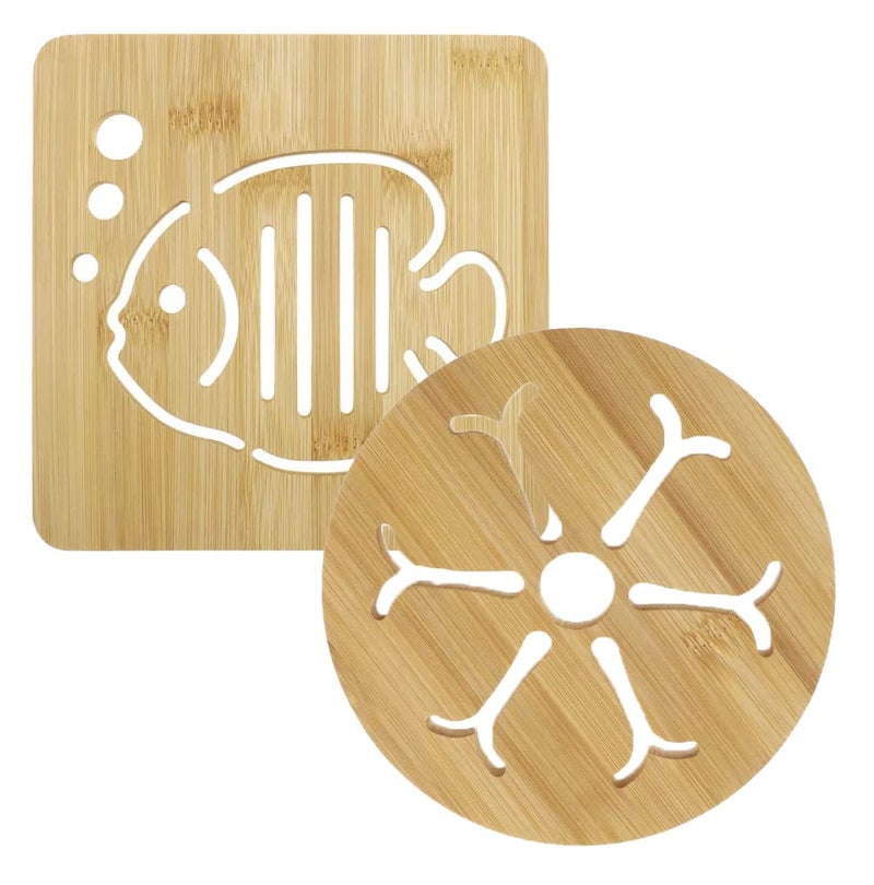 BENCI BENCI Wooden Bamboo Trivet Coaster, Wooden Heat Resistant Mat, Wooden Non-Slip Insulation Table Mat for Pots, Pans, Plates, Dishes,Teapots (Random Pattern) (Set of 2) - Image 1