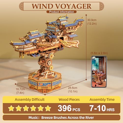 Tonecheer 3D Wooden Puzzle for Adults DIY Japanese Wooden Ship Model Kit with Music Orien Airship Vintage Movable Building Kit Best Gift Ideas for Boys and Men Wind Voyager - Image 5
