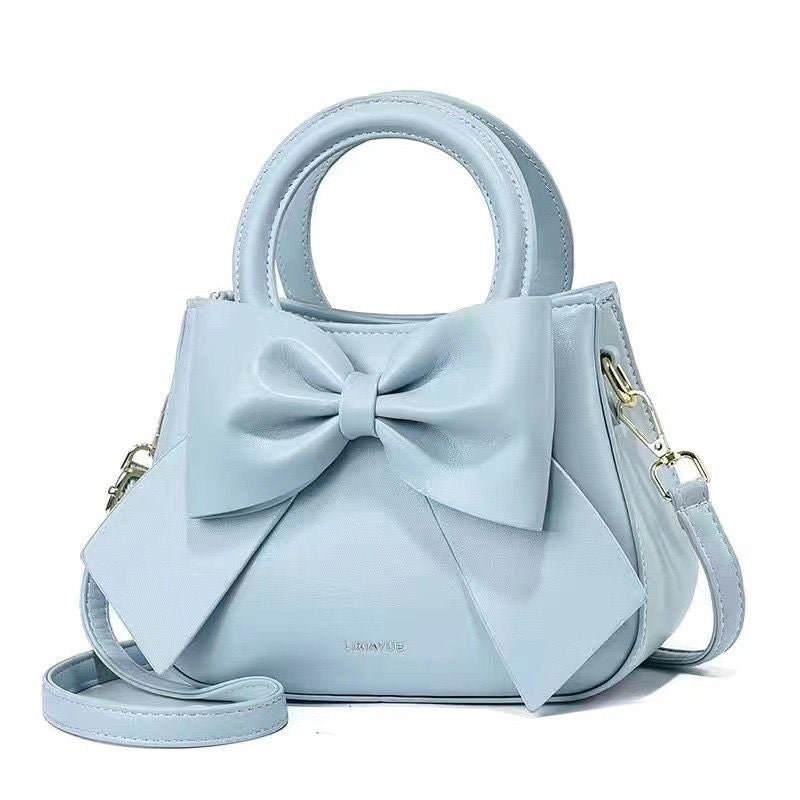 Womens Bag 2024 New All-match Fresh Sweet Handbag Bow Daily Textile Fashionable Shoulder Bag Crossbody Bag Sky Blue