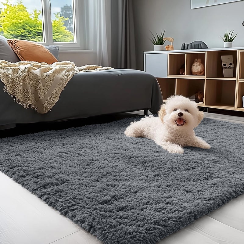 OLANLY 3x5 Machine Washable Small Bedside Rug, Soft Fluffy Shaggy Rugs for Living Room, Bedroom, Indoor Floor Carpet for Kids Girls and Boys, Preppy Dorms, Nursery, Home Decor Aesthetic, Grey - Image 1