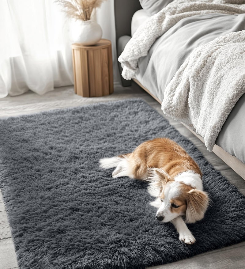 OLANLY 3x5 Machine Washable Small Bedside Rug, Soft Fluffy Shaggy Rugs for Living Room, Bedroom, Indoor Floor Carpet for Kids Girls and Boys, Preppy Dorms, Nursery, Home Decor Aesthetic, Grey - Image 3