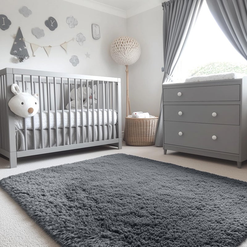 OLANLY 3x5 Machine Washable Small Bedside Rug, Soft Fluffy Shaggy Rugs for Living Room, Bedroom, Indoor Floor Carpet for Kids Girls and Boys, Preppy Dorms, Nursery, Home Decor Aesthetic, Grey - Image 5