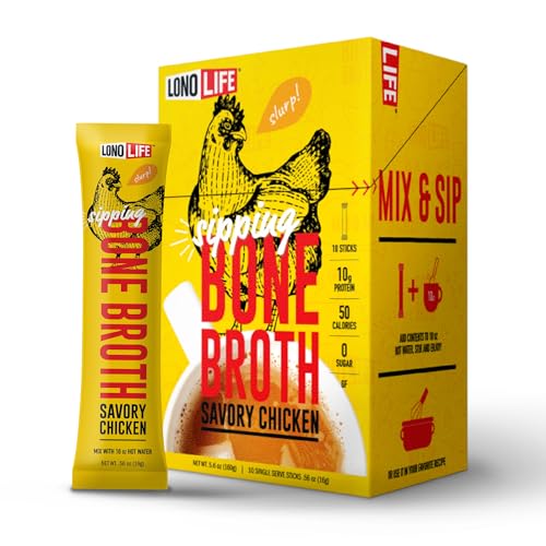 LonoLife Chicken Bone Broth Powder Mix | 10g Protein | Collagen-Rich, Keto & Paleo Friendly | Natural Ingredients | 10 Portable Stick Pack Servings - Image 1