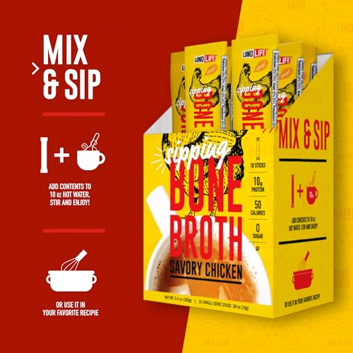LonoLife Chicken Bone Broth Powder Mix | 10g Protein | Collagen-Rich, Keto & Paleo Friendly | Natural Ingredients | 10 Portable Stick Pack Servings - Image 5