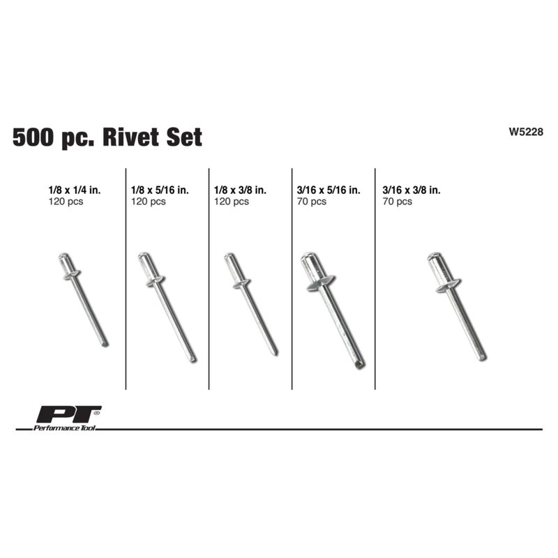 Performance Tool W5228 Aluminum Rivet Assortment Tool Set in a Re-Sealable Plastic Case, (500-Piece) - Image 2