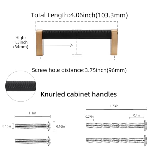 POVEFONK 10 Pack 334 inch96mm Black and Champagne Bronze Kitchen Cabinet Handles Knurled Cabinet Pulls Black Drawer Pulls Kitchen Cabinet Hardware Handles Dresser Handles - Image 3