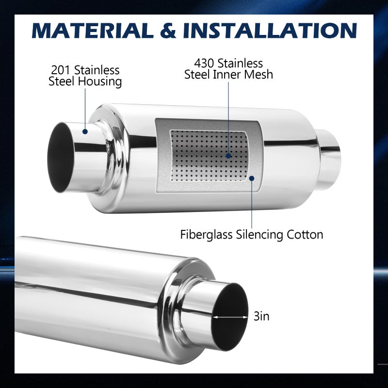 Relaxweex 2 Pcs 3" Inlet Exhaust Resonator, 3" Inlet 3" Outlet 13.8" Overall Length Muffler Resonator Stainless Steel(Silver) - Image 3
