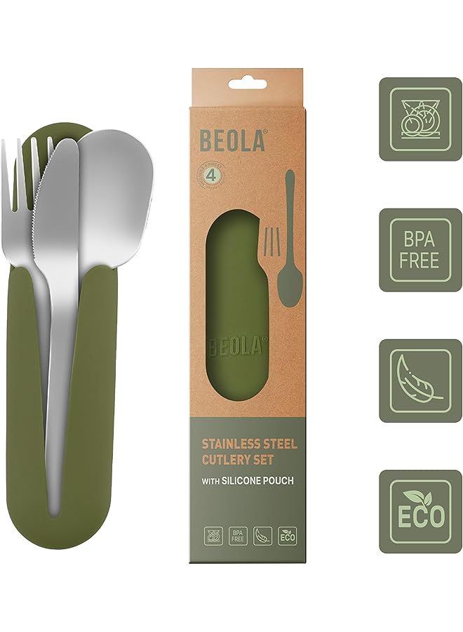 BEOLA Stainless Steel Cutlery Set with Silicone Case Travel Utensils with Pouch Reusable Fork Spoon and Knife Cutlery for Lunch Box Kids School Camping Outdoor Set of 4pcs (Forest Green) - Image 4
