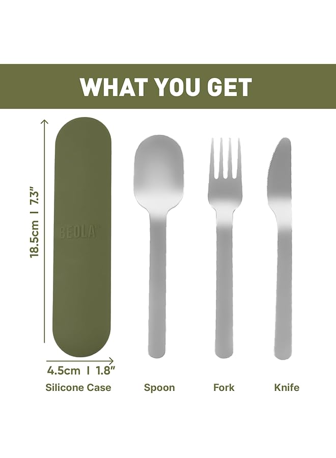 BEOLA Stainless Steel Cutlery Set with Silicone Case Travel Utensils with Pouch Reusable Fork Spoon and Knife Cutlery for Lunch Box Kids School Camping Outdoor Set of 4pcs (Forest Green) - Image 3