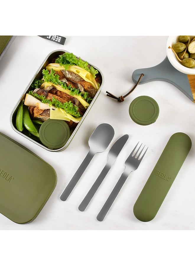 BEOLA Stainless Steel Cutlery Set with Silicone Case Travel Utensils with Pouch Reusable Fork Spoon and Knife Cutlery for Lunch Box Kids School Camping Outdoor Set of 4pcs (Forest Green) - Image 5