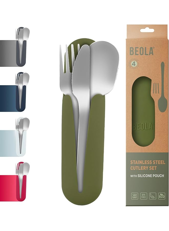 BEOLA Stainless Steel Cutlery Set with Silicone Case Travel Utensils with Pouch Reusable Fork Spoon and Knife Cutlery for Lunch Box Kids School Camping Outdoor Set of 4pcs (Forest Green) - Image 1