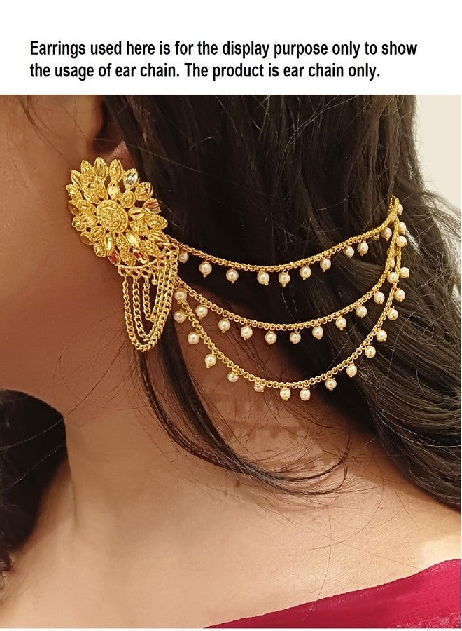 Efulgenz Ear Chains Indian Jewellery Traditional Indian Earrings with Hair Chain Earring Chain Jewelry for Wedding Layered Faux Pearl Charms Ear Chain Earrings for Women - Image 3