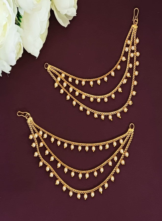 Efulgenz Ear Chains Indian Jewellery Traditional Indian Earrings with Hair Chain Earring Chain Jewelry for Wedding Layered Faux Pearl Charms Ear Chain Earrings for Women - Image 2