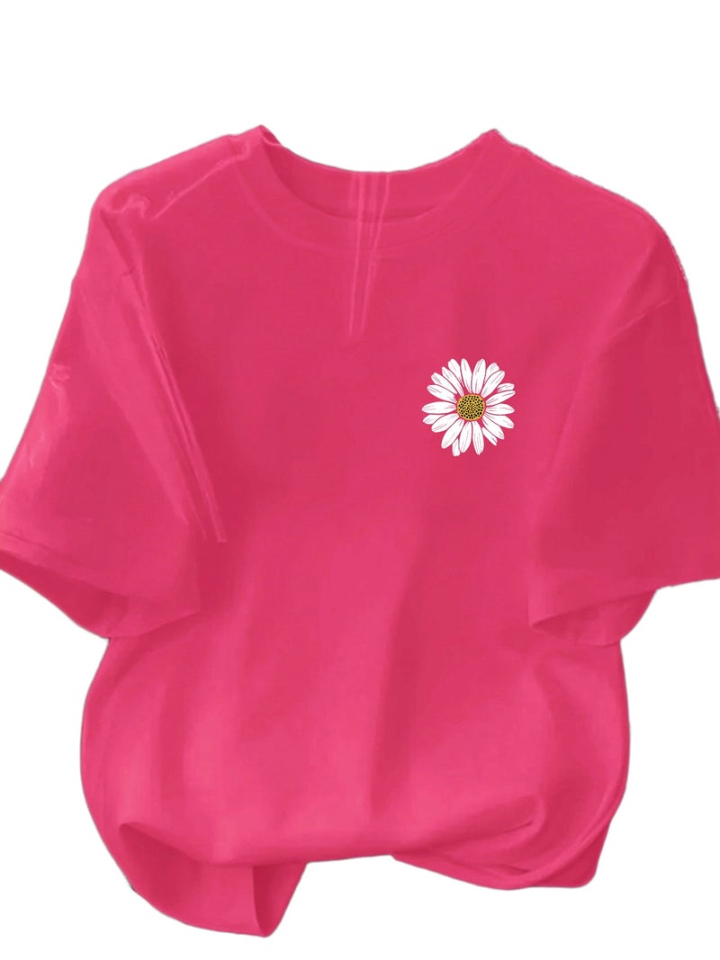 Daisy Pattern Women'S Y2K Geometric Short Sleeve T - Shirt, White, Loose Fit, Fabric, 180Gm2, Suitable for Spring\u002FSummer Seasons - Rose Red / S - Image 1