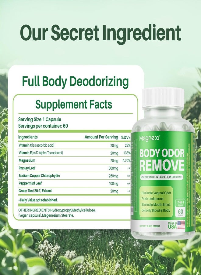 MEGNETA Body Deodorizing Supplement, Natural Internal Odor Control Pills for Men & Women, Chlorophyll Capsules for Skin, Breath and Gut Health (60 Capsules) - Image 4