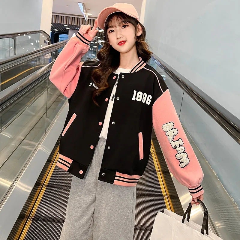 cuhk girls spring and autumn new style letters sweater coat girls fashion sports baseball coat coat Pink 