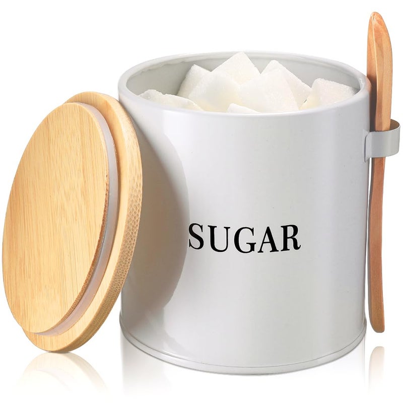 AISBUGUR Sugar Bowl with Lid and Spoon: 17oz Metal Sugar Container - Airtight Food Sugar Jar - Coffee Bar Accessories - Countertop Kitchen Decor (White) - Image 1