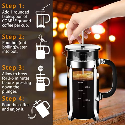 YMMIND French Press Coffee Maker 304 Stainless Steel Coffee Press,with 4 Filters System, Heat Resistant Thickness Borosilicate French Press Glass, BPA-Free Brewed Tea Pot Coffee Plunger(Copper 12oz) - Image 5