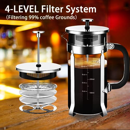 YMMIND French Press Coffee Maker 304 Stainless Steel Coffee Press,with 4 Filters System, Heat Resistant Thickness Borosilicate French Press Glass, BPA-Free Brewed Tea Pot Coffee Plunger(Copper 12oz) - Image 2