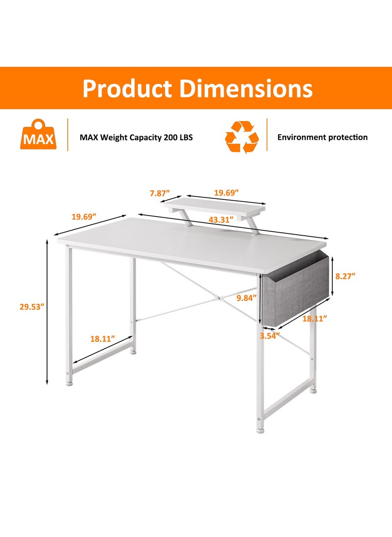 SHEIDLIN - Modern Home Office Computer Desk with Storage Bag & Monitor Stand, Simple Style Writing Study Desk, Laptop Table, 110 x 50 x 73cm, White - Image 1