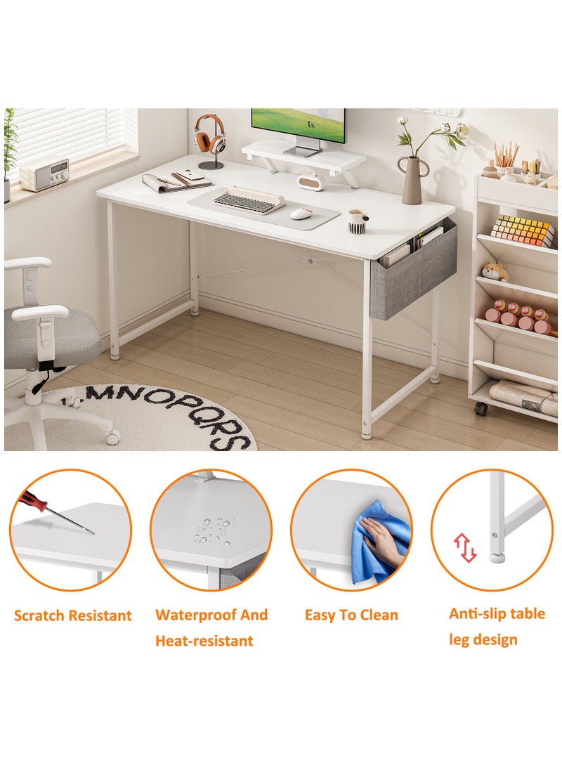 SHEIDLIN - Modern Home Office Computer Desk with Storage Bag & Monitor Stand, Simple Style Writing Study Desk, Laptop Table, 110 x 50 x 73cm, White - Image 1