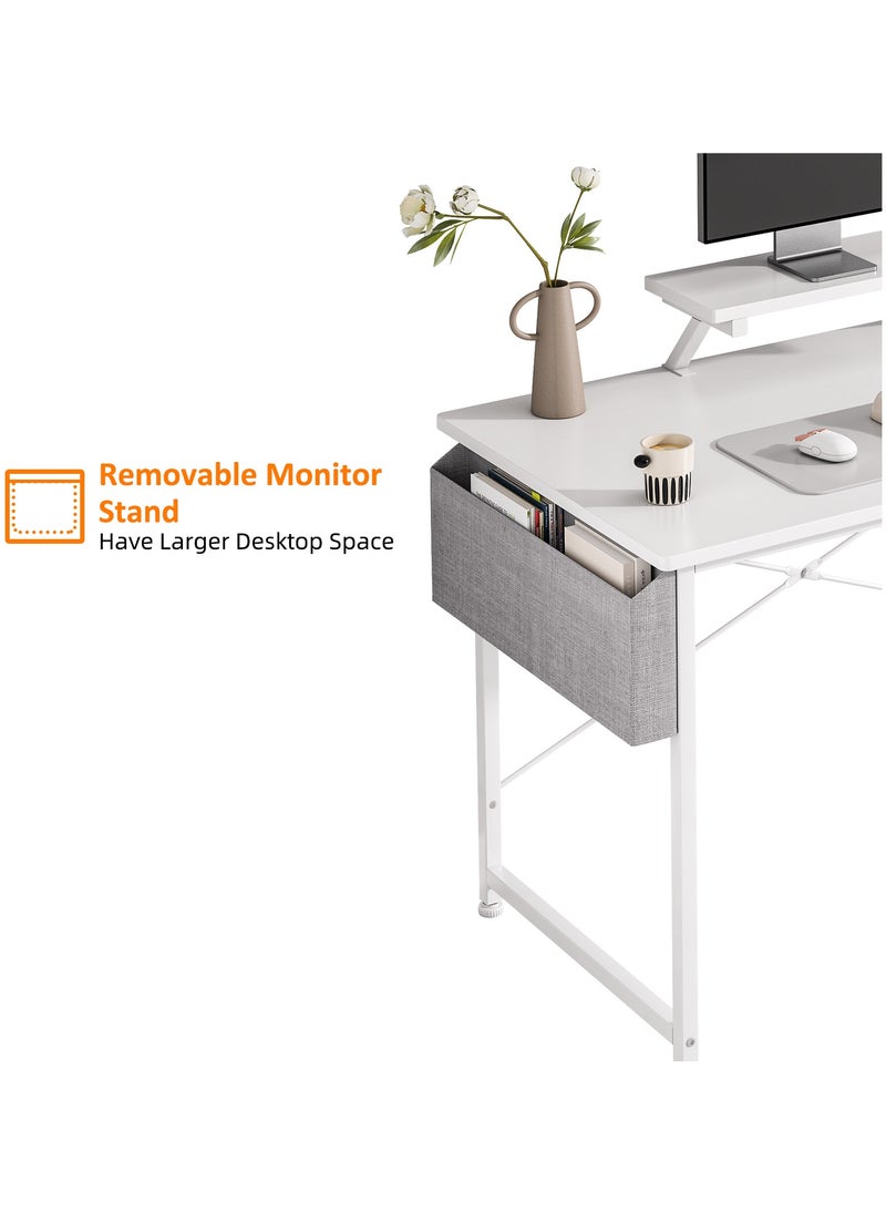 SHEIDLIN - Modern Home Office Computer Desk with Storage Bag & Monitor Stand, Simple Style Writing Study Desk, Laptop Table, 110 x 50 x 73cm, White - Image 1