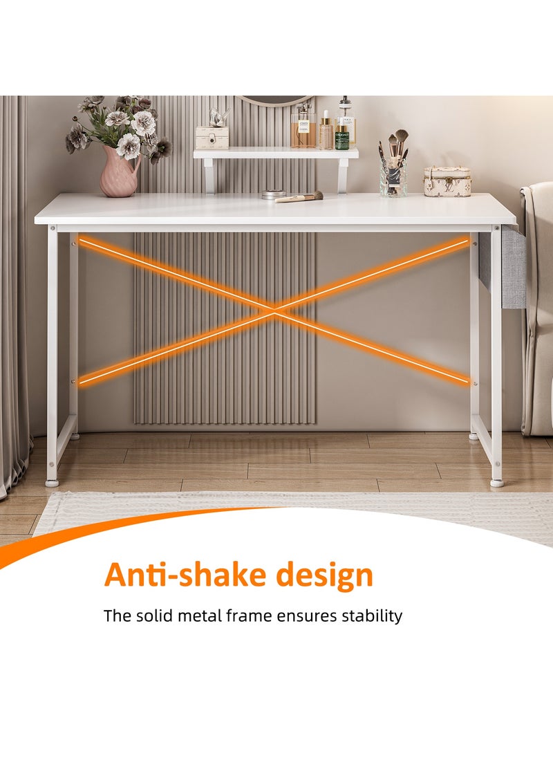 SHEIDLIN - Modern Home Office Computer Desk with Storage Bag & Monitor Stand, Simple Style Writing Study Desk, Laptop Table, 110 x 50 x 73cm, White - Image 1