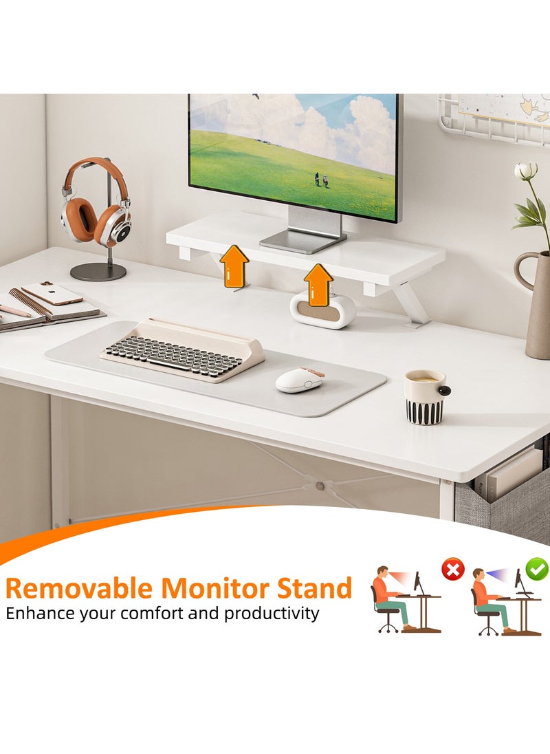 SHEIDLIN - Modern Home Office Computer Desk with Storage Bag & Monitor Stand, Simple Style Writing Study Desk, Laptop Table, 110 x 50 x 73cm, White - Image 1