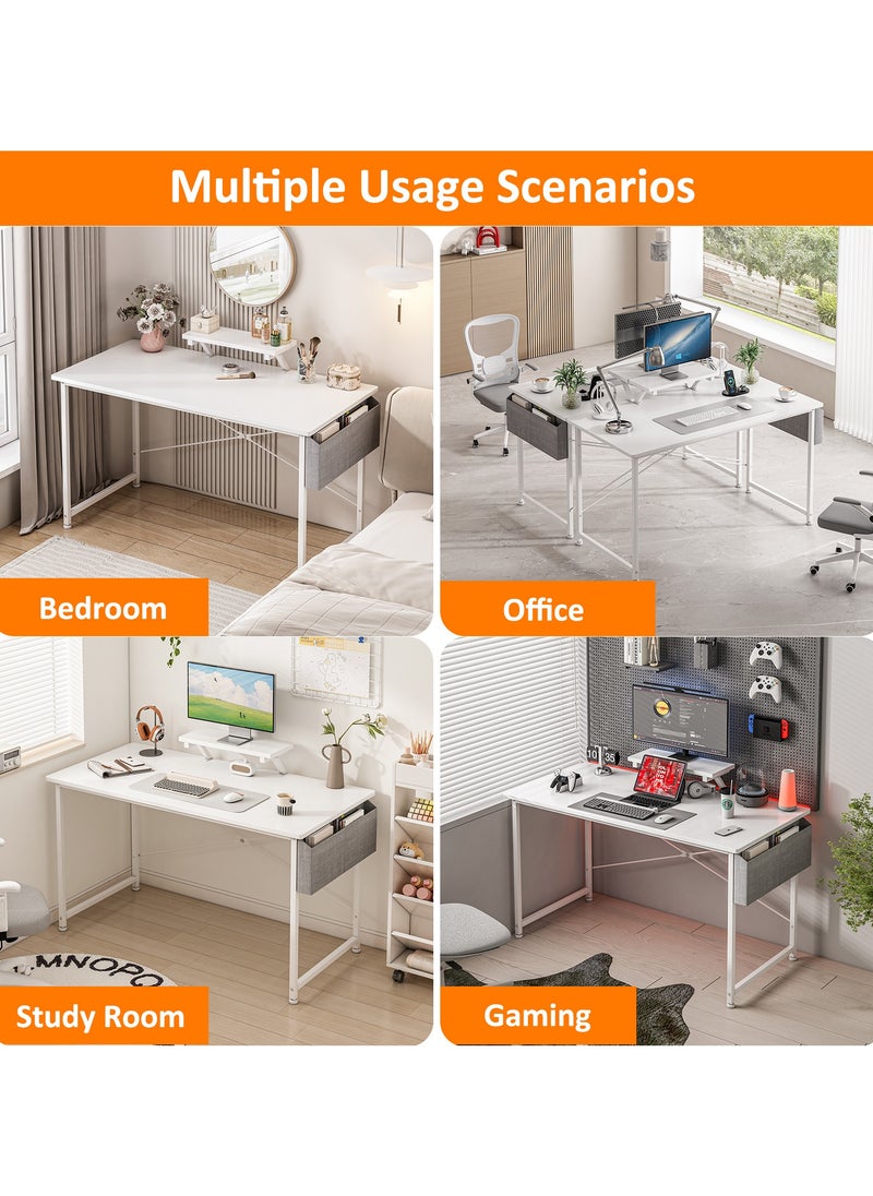 SHEIDLIN - Modern Home Office Computer Desk with Storage Bag & Monitor Stand, Simple Style Writing Study Desk, Laptop Table, 110 x 50 x 73cm, White - Image 1