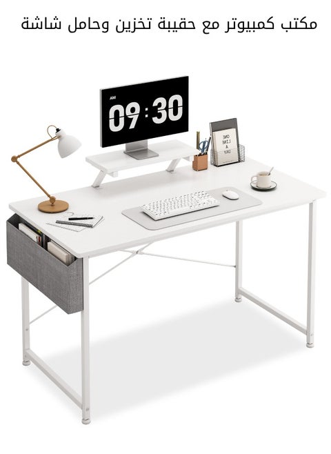 Modern Home Office Computer Desk with Storage Bag & Monitor Stand, Simple Style Writing Study Desk, Laptop Table, 110 x 50 x 73cm, White