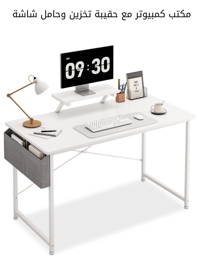 SHEIDLIN - Modern Home Office Computer Desk with Storage Bag & Monitor Stand, Simple Style Writing Study Desk, Laptop Table, 110 x 50 x 73cm, White - Image 1