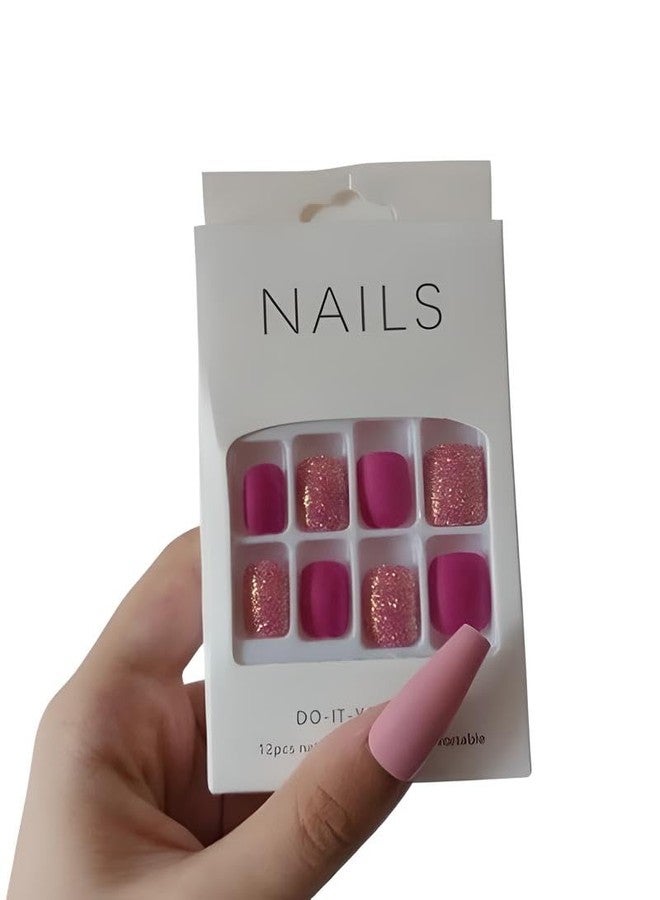 FAVHOME Stick On Nails Acrylic Fake False Nail Kit with Sticker - For Quick and Easy DIY Manicures For Teens And Women 12 Pieces (Dark Pink, Standard, Universal) - Image 1