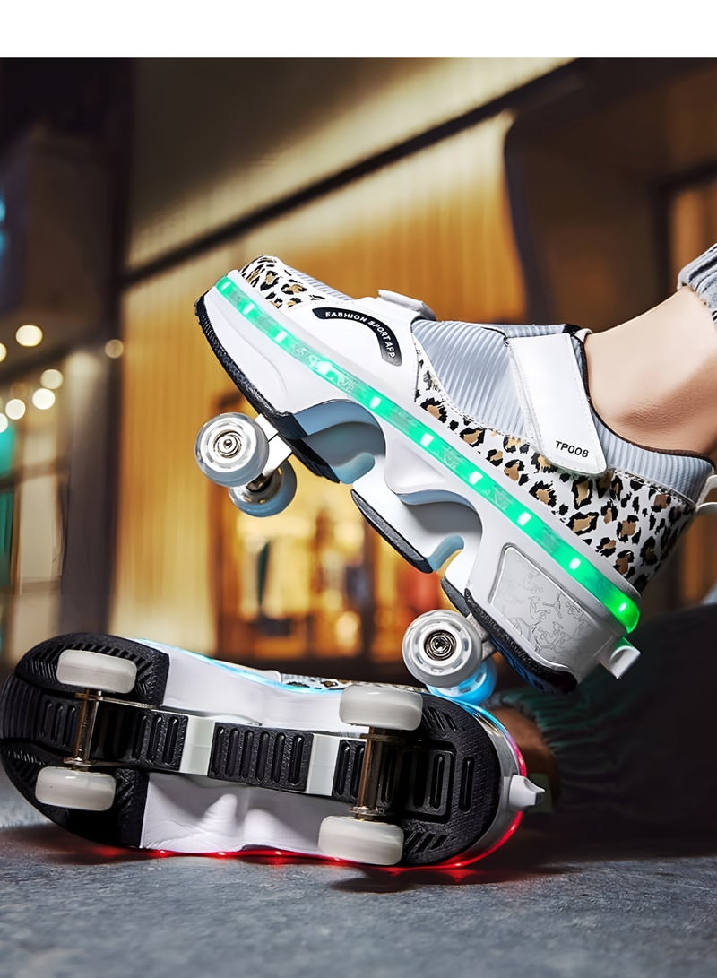 دراكسون حذاء عجلات تزلج مزدوجة الصف ملونة بضوء وامض للجنسين البالغين والأطفال 2 في 1 أحذية تزلج قابلة للإزالة والسحب بكرة دوارة حذاء رياضي مع دلاغات رياضية - Image 1