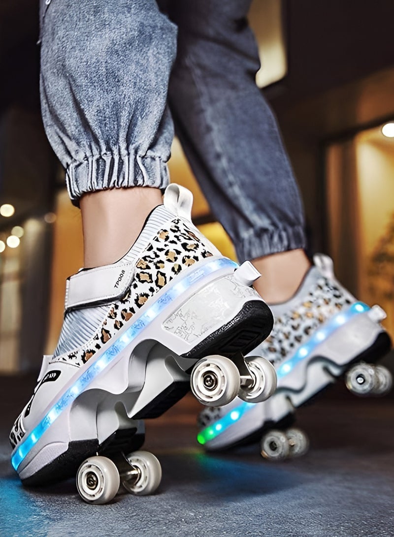 دراكسون حذاء عجلات تزلج مزدوجة الصف ملونة بضوء وامض للجنسين البالغين والأطفال 2 في 1 أحذية تزلج قابلة للإزالة والسحب بكرة دوارة حذاء رياضي مع دلاغات رياضية - Image 3