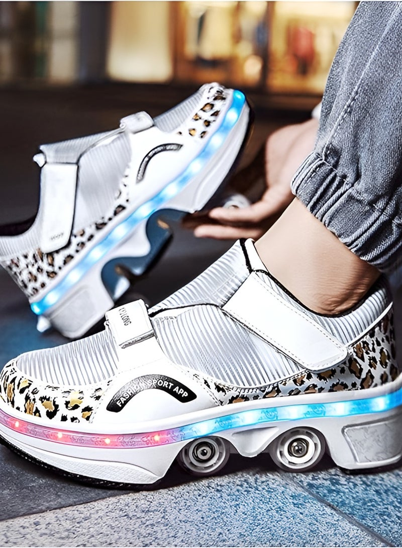 دراكسون حذاء عجلات تزلج مزدوجة الصف ملونة بضوء وامض للجنسين البالغين والأطفال 2 في 1 أحذية تزلج قابلة للإزالة والسحب بكرة دوارة حذاء رياضي مع دلاغات رياضية - Image 4