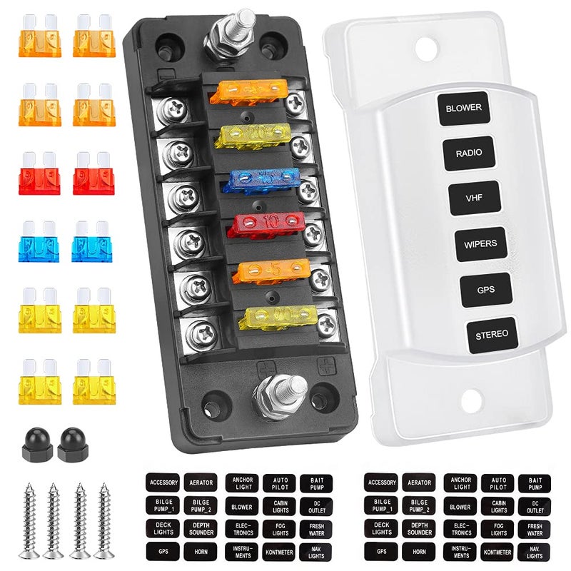 ELECTOP 6 Way Fuse Block Blade Fuse Box with Negative Bus 6 Circuit Fuse Holder Fuse Block wNegative Bus Waterproof Protection Cover Sticker Labels for 12V24V Automotive Car Truck Boat Marine RV