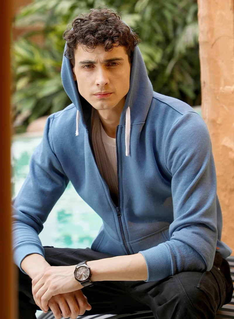 Men's Zip-Front Regular Hoodie | Hooded Neck , Long Ribbed Cuff Sleeves , Zipper Closure , Ribbed-Straight Hem | Solid Knitted Plain For Casual & Daily | Electric Blue