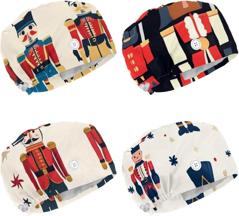 Adjustable 4 Packs Cute Nutcracker Women Bouffant Cap Scrub Hat for Woman Men - Image 1