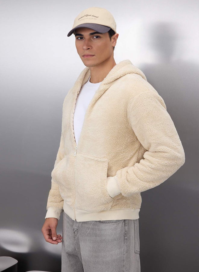 trendyol Beige Regular/Normal Cut Full Zipper Pocket Polar Fleece Thick Sweatshirt-Cardigan - Image 2