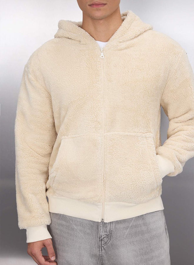 trendyol Beige Regular/Normal Cut Full Zipper Pocket Polar Fleece Thick Sweatshirt-Cardigan - Image 3