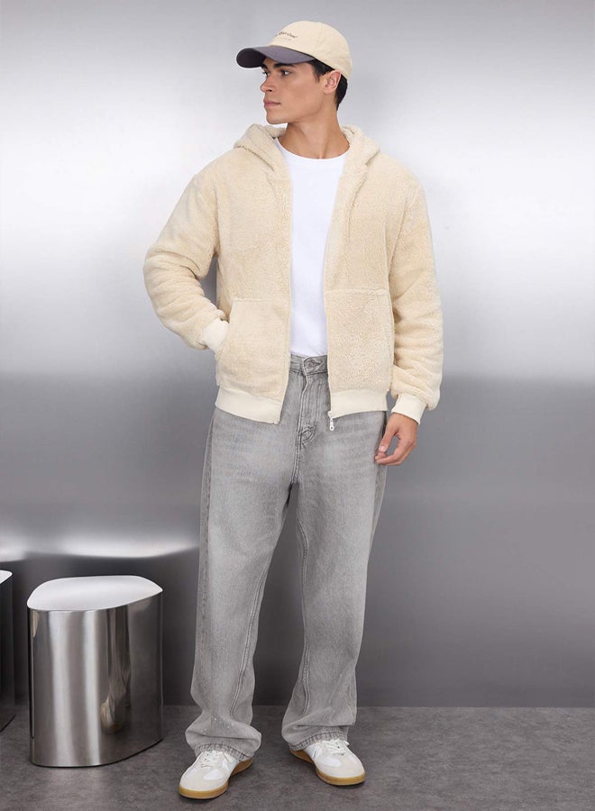 trendyol Beige Regular/Normal Cut Full Zipper Pocket Polar Fleece Thick Sweatshirt-Cardigan - Image 1