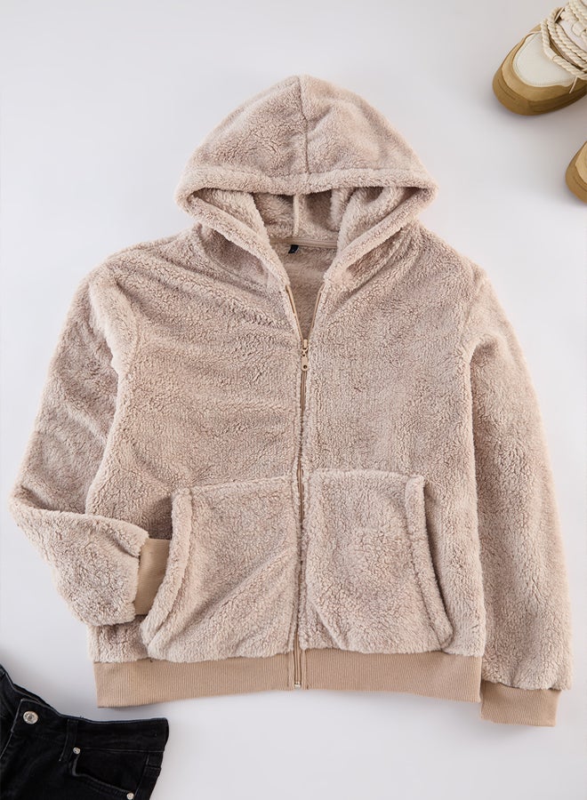 trendyol Beige Regular/Normal Cut Full Zipper Pocket Polar Fleece Thick Sweatshirt-Cardigan - Image 5