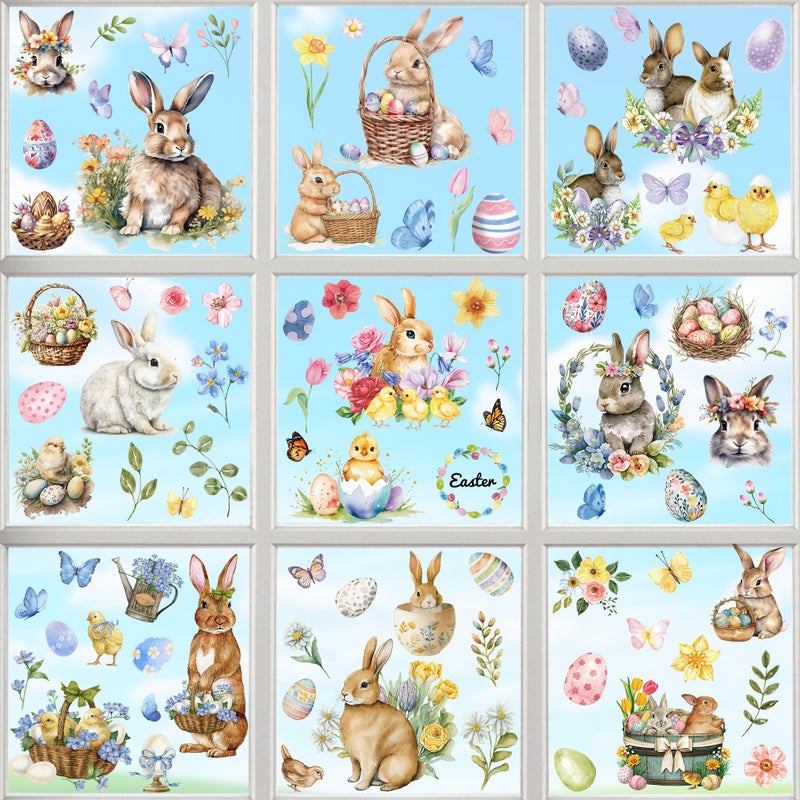 Traplace 9 Sheets Easter Window Clings, 87 PCS Watercolor Easter Party Decorations with Bunny Egg Flower, Double Sided Egg Window Decals Stickers for Spring Decor Home Office Party Supplies - Image 1