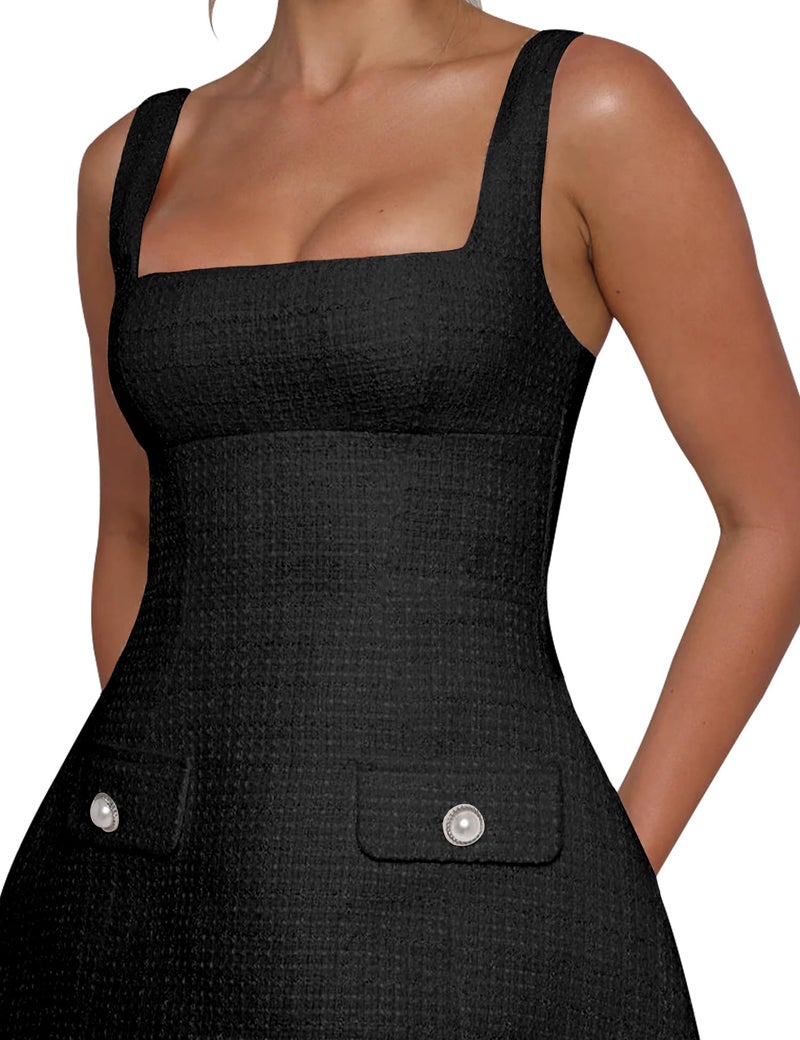 SHESEEWORLD Women's Sleeveless Tank Dress Square Neck Adjustable Straps Backless Mini Dress Black - Image 4