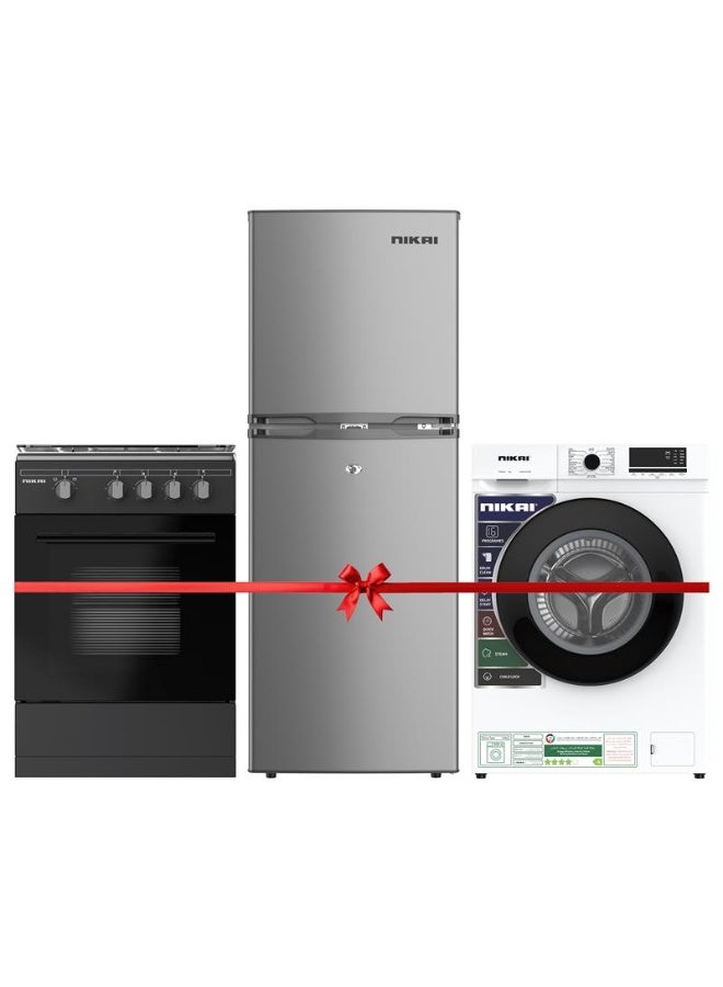 NIKAI ثلاجة نيكاي 190 لتر ذات بابين NRF190DN4S (فضي) + غسالة تحميل أمامي 7 كجم NWM701FN9 (أبيض) + موقد غاز 4 شعلات 50x50 U3110NBFS (أسود) حزمة | كفاءة الطاقة، غسيل بالبخار، نطاق غاز آمن، رفوف قابلة للتعديل - Image 1