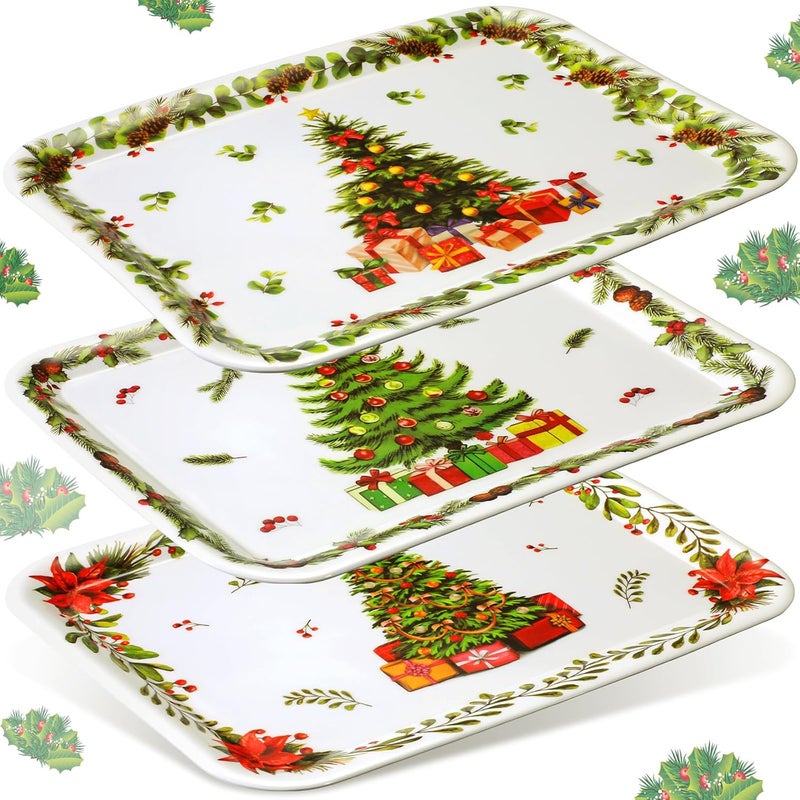 Zubebe 3 Pcs Christmas Serving Tray 13 x 10 Inch Reusable Merry Christmas Platter Red Black Green Christmas Plates Xmas Serving Dishes for Holiday Winter Party DecorationTree - Image 1