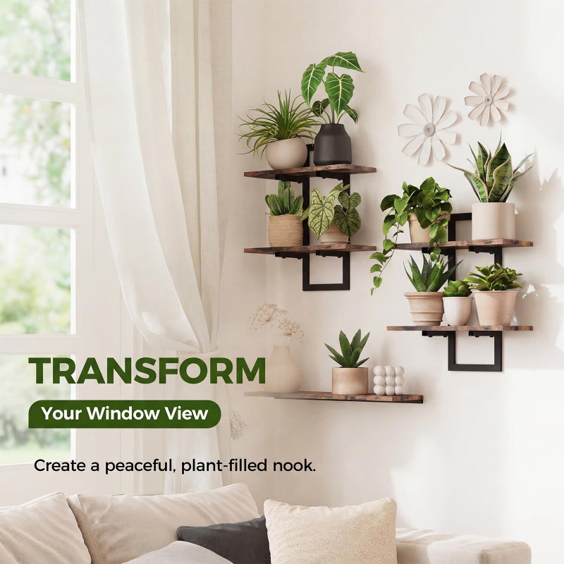 Bamworld Floating Shelves for Wall Planters for Indoor Plants Hanging Shelves Plant Holder Wall Decor Plant Stand Indoor for Plant Hangers Indoor for Living Room Bedroom Bathroom 2-Pack Brown - Image 2